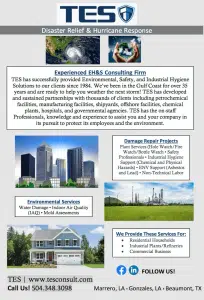 TES disaster relief services flyer includes information on outage repair projects, environmental services, what locations across Louisiana can be serviced by a rapid response team.