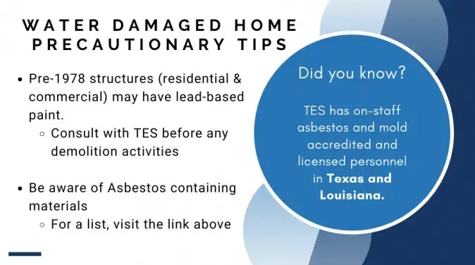 Post-storm tip infographic highlighting water-damaged home precautions related to lead and asbestos, with contact information for TES.