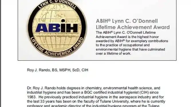 Dr. Roy J. Rando awarded the 2020 American Board of Industrial Hygiene Lifetime Achievement Award.